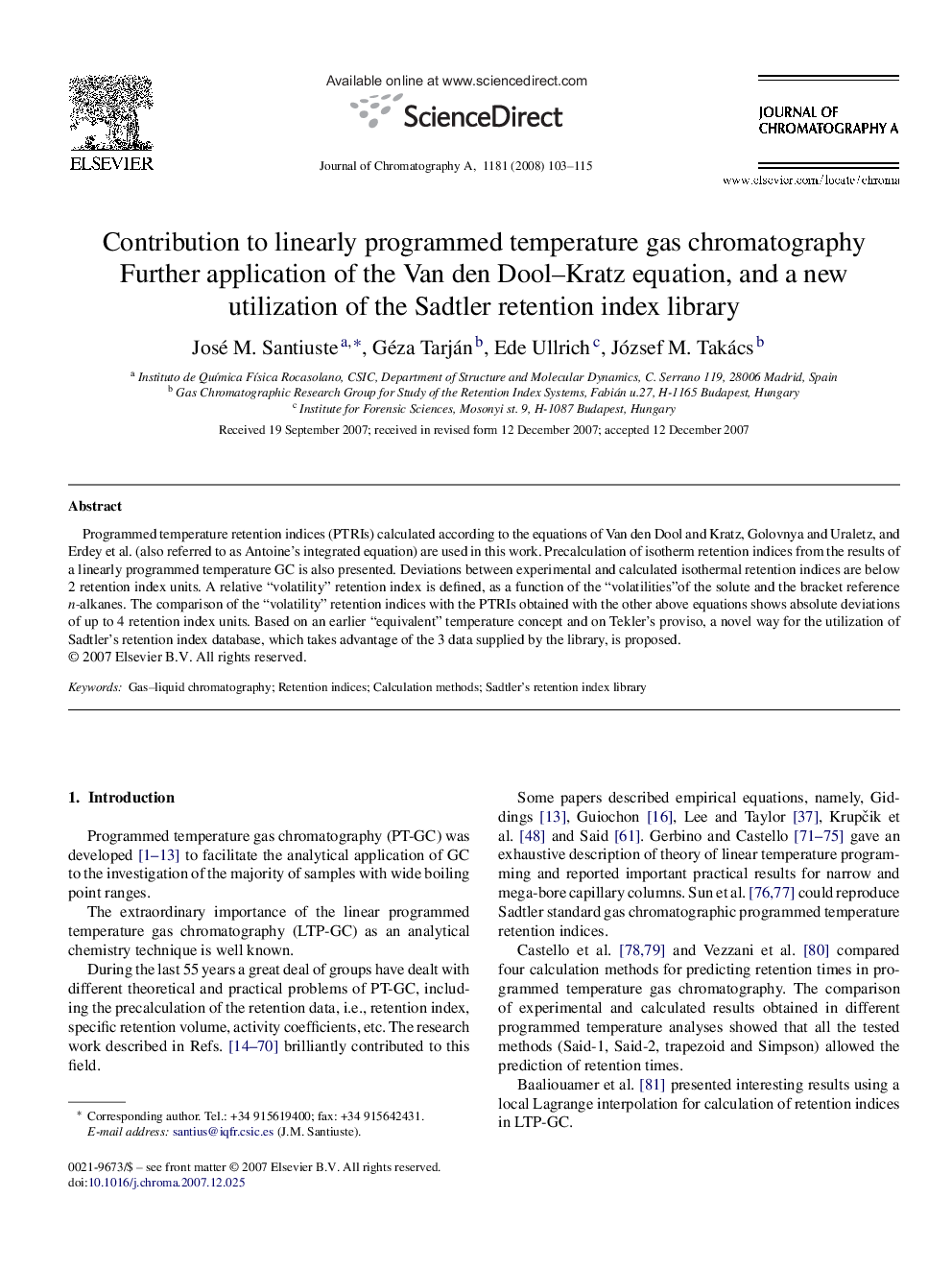 Contribution to linearly programmed temperature gas chromatography: Further application of the Van den Dool–Kratz equation, and a new utilization of the Sadtler retention index library