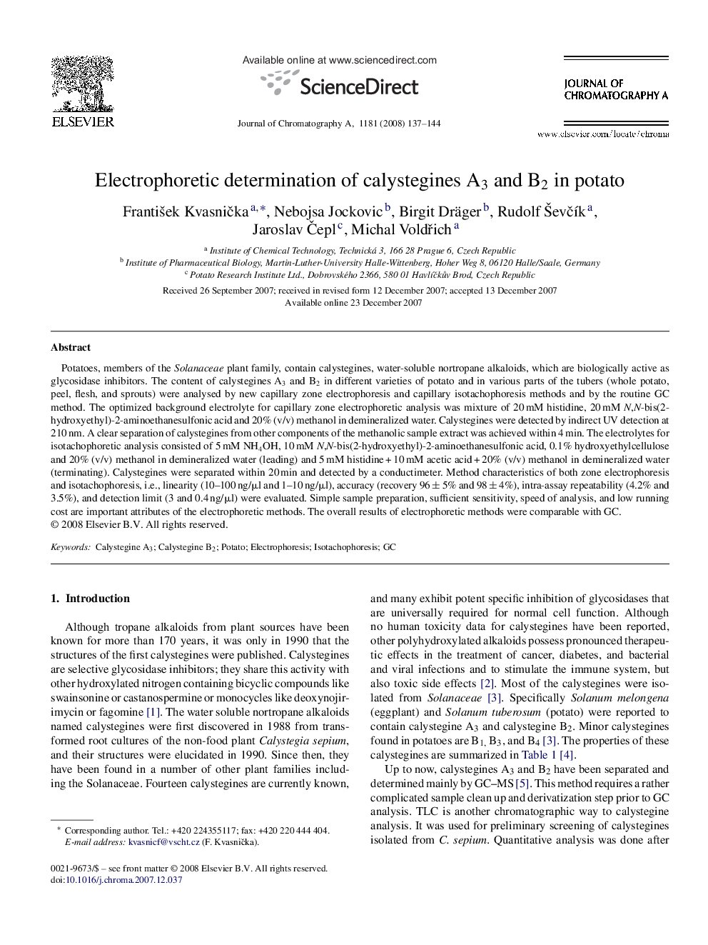 Electrophoretic determination of calystegines A3 and B2 in potato