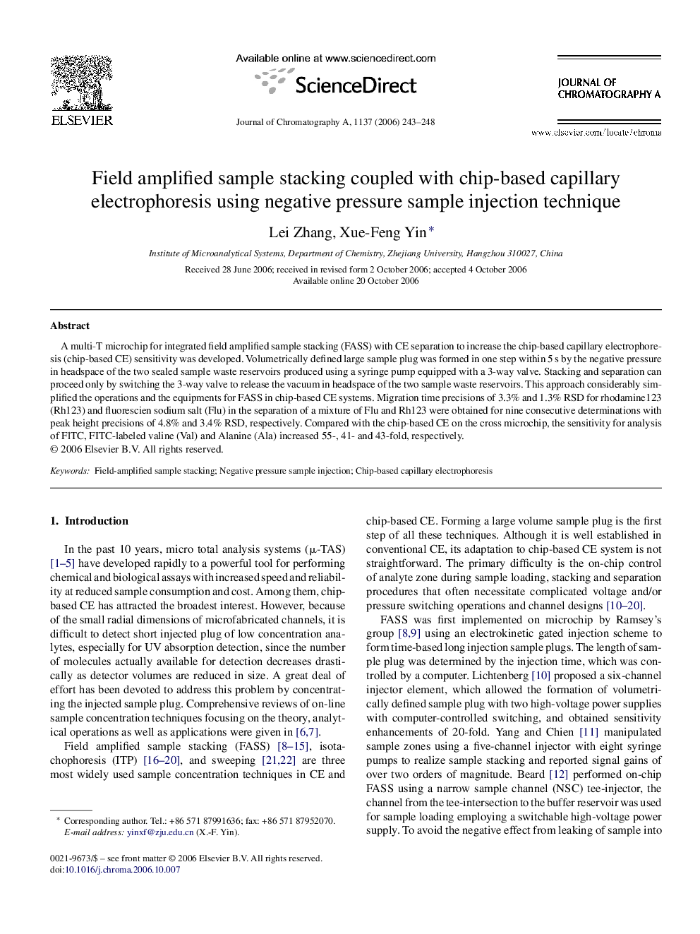 Field amplified sample stacking coupled with chip-based capillary electrophoresis using negative pressure sample injection technique