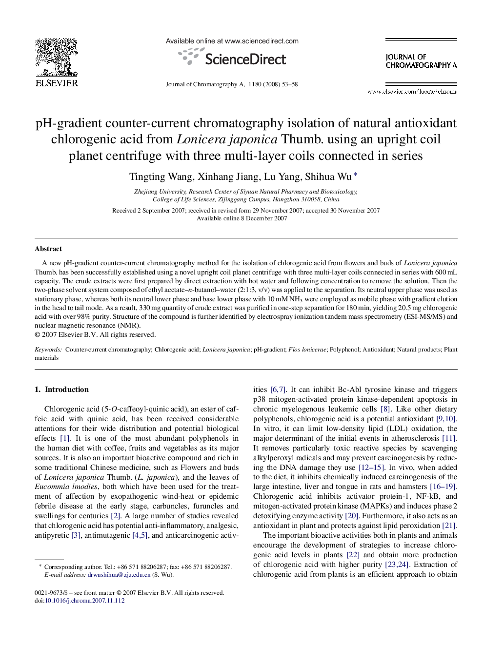 pH-gradient counter-current chromatography isolation of natural antioxidant chlorogenic acid from Lonicera japonica Thumb. using an upright coil planet centrifuge with three multi-layer coils connected in series