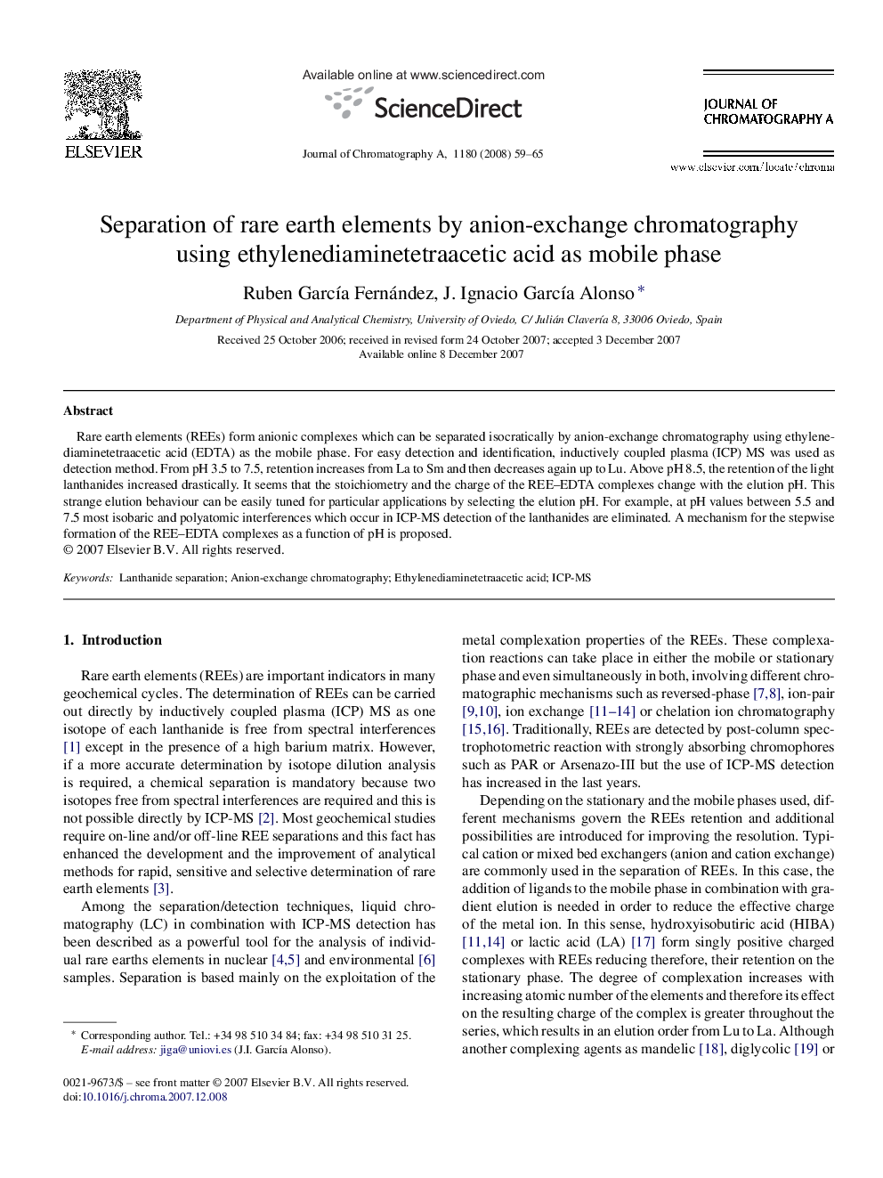 Separation of rare earth elements by anion-exchange chromatography using ethylenediaminetetraacetic acid as mobile phase