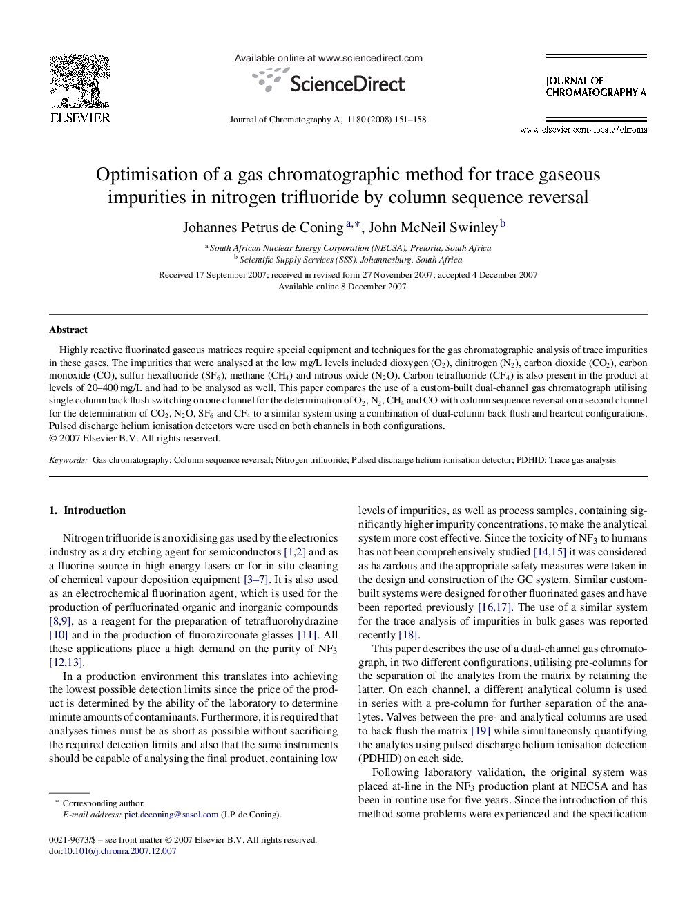 عکس صفحه اول مقاله: Optimisation of a gas chromatographic method for trace gaseous impurities in nitrogen trifluoride by column sequence reversal Optimisation of a gas chromatographic method for trace gaseous impurities in nitrogen trifluoride by column sequence reversal