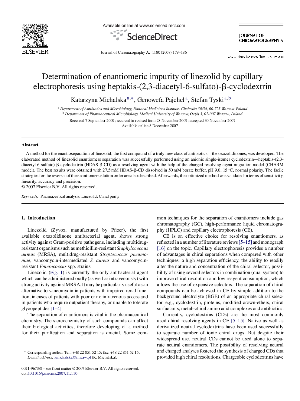 Determination of enantiomeric impurity of linezolid by capillary electrophoresis using heptakis-(2,3-diacetyl-6-sulfato)-β-cyclodextrin