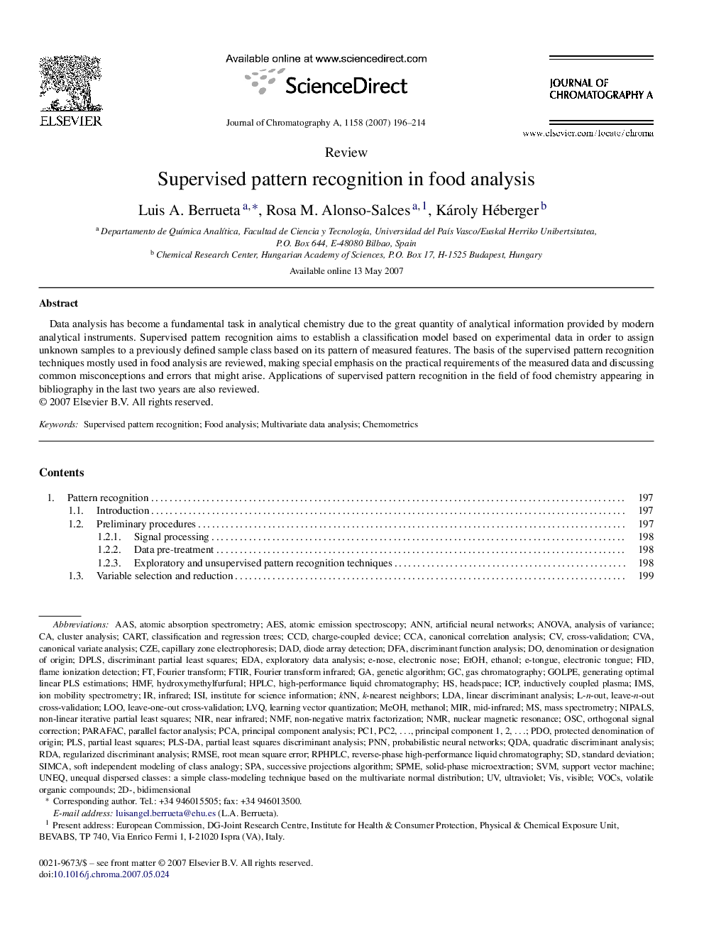 Supervised pattern recognition in food analysis