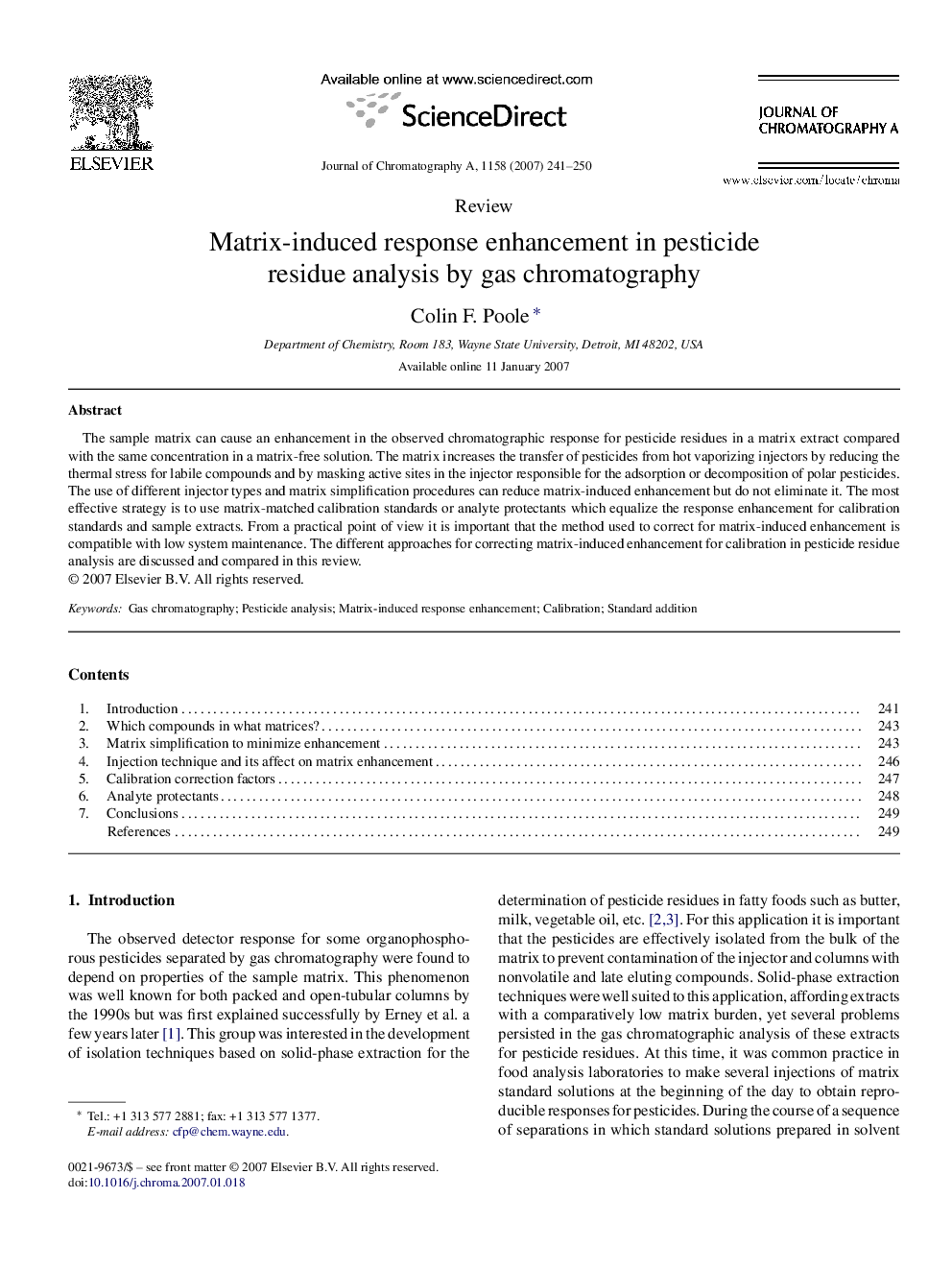 Matrix-induced response enhancement in pesticide residue analysis by gas chromatography