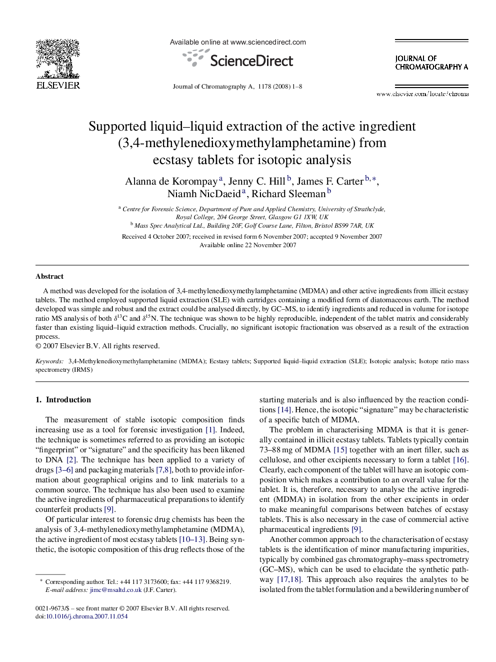 Supported liquid–liquid extraction of the active ingredient (3,4-methylenedioxymethylamphetamine) from ecstasy tablets for isotopic analysis