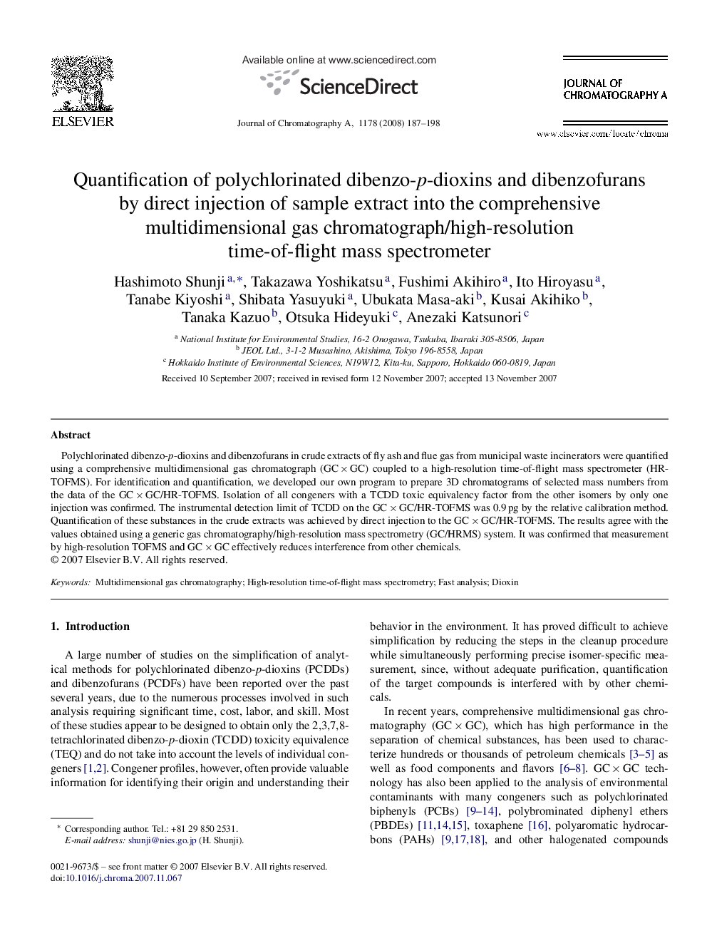 Quantification of polychlorinated dibenzo-p-dioxins and dibenzofurans by direct injection of sample extract into the comprehensive multidimensional gas chromatograph/high-resolution time-of-flight mass spectrometer