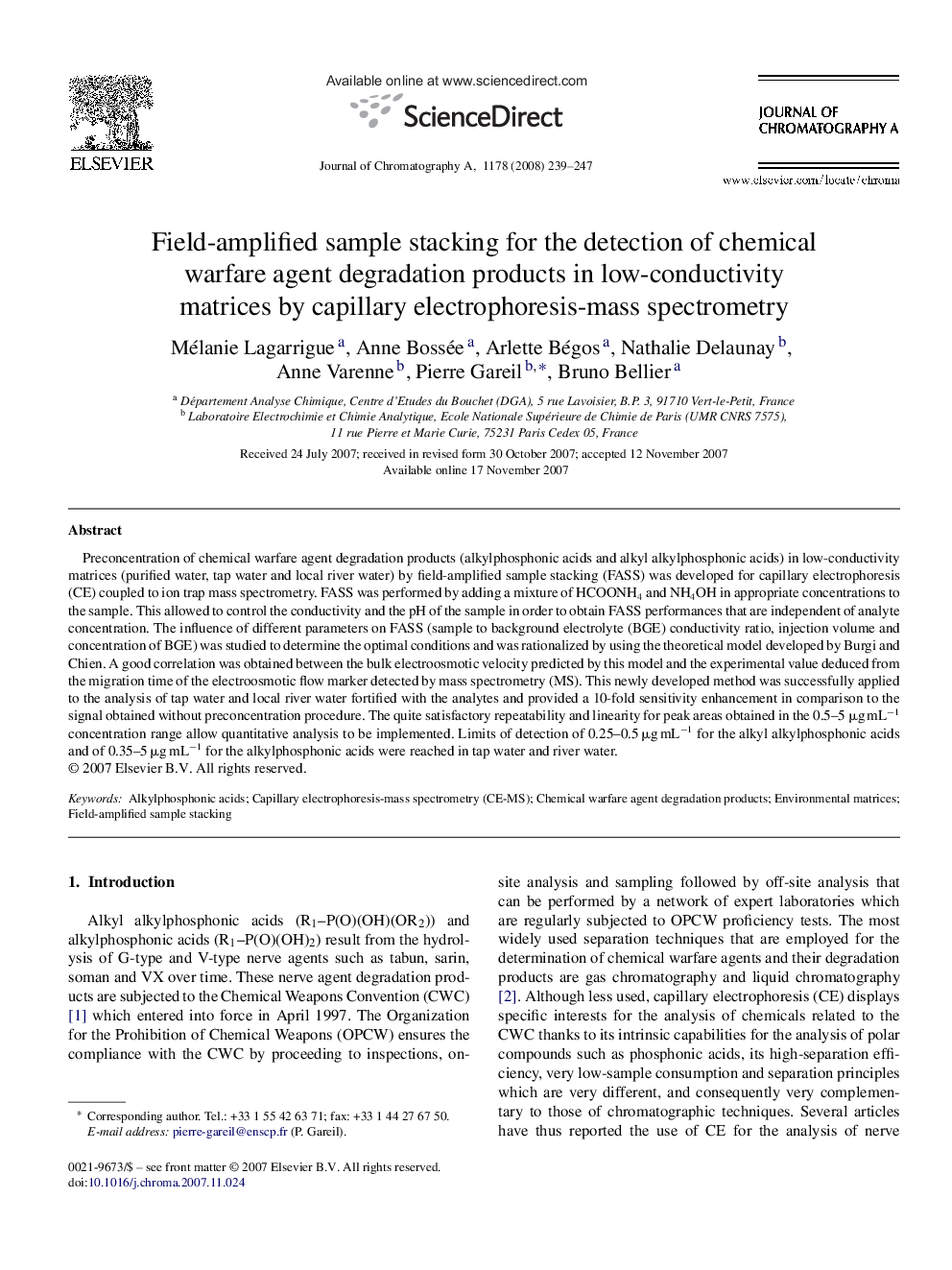 Field-amplified sample stacking for the detection of chemical warfare agent degradation products in low-conductivity matrices by capillary electrophoresis-mass spectrometry