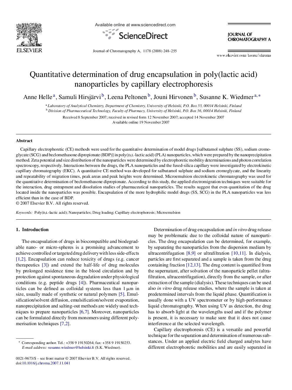 Quantitative determination of drug encapsulation in poly(lactic acid) nanoparticles by capillary electrophoresis