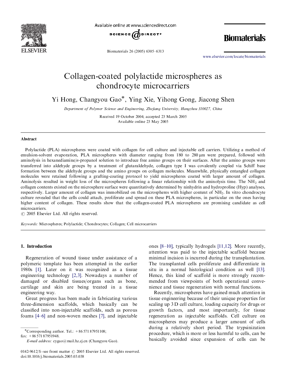 Collagen-coated polylactide microspheres as chondrocyte microcarriers