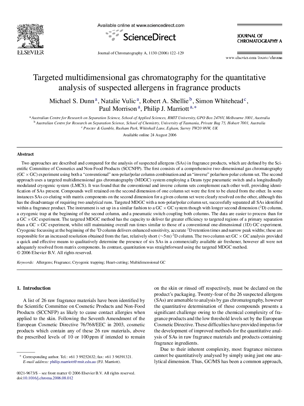 Targeted multidimensional gas chromatography for the quantitative analysis of suspected allergens in fragrance products