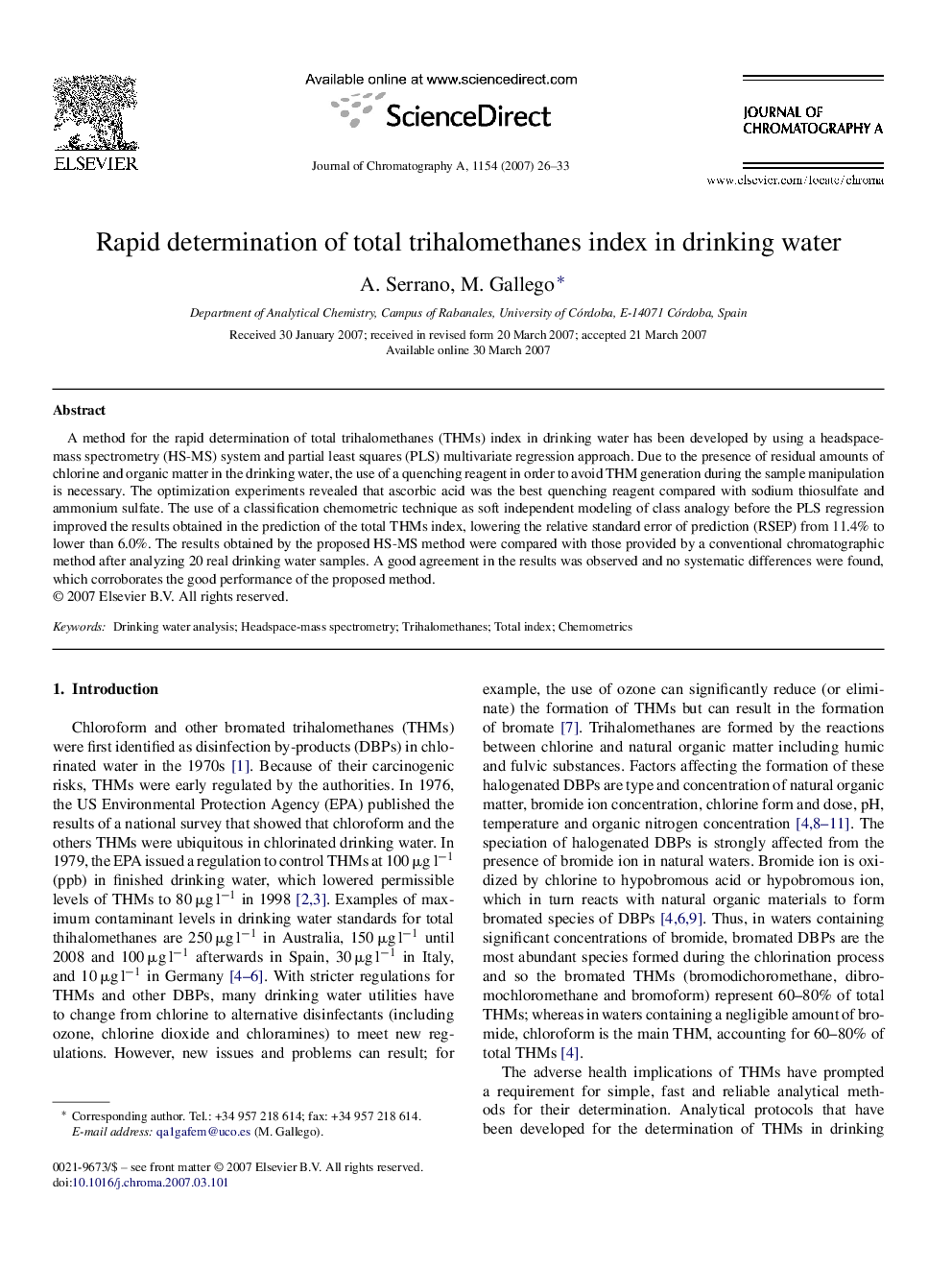 Rapid determination of total trihalomethanes index in drinking water