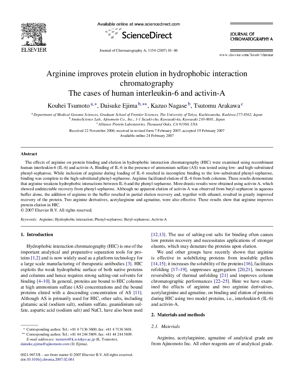 Arginine improves protein elution in hydrophobic interaction chromatography: The cases of human interleukin-6 and activin-A