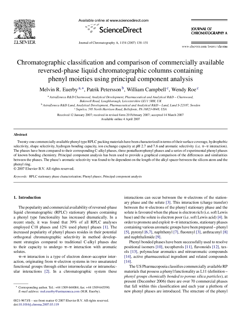Chromatographic classification and comparison of commercially available reversed-phase liquid chromatographic columns containing phenyl moieties using principal component analysis