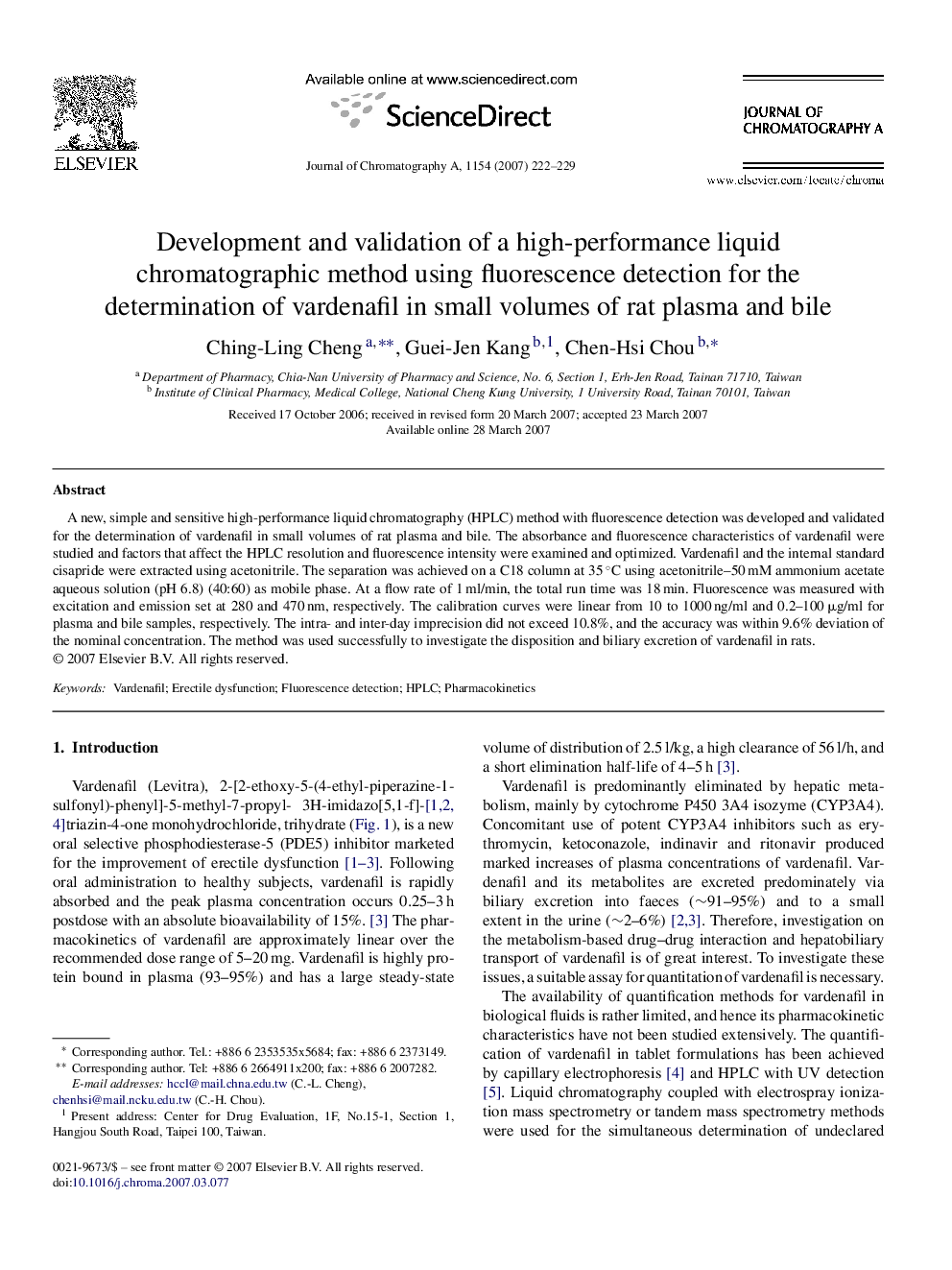 Development and validation of a high-performance liquid chromatographic method using fluorescence detection for the determination of vardenafil in small volumes of rat plasma and bile