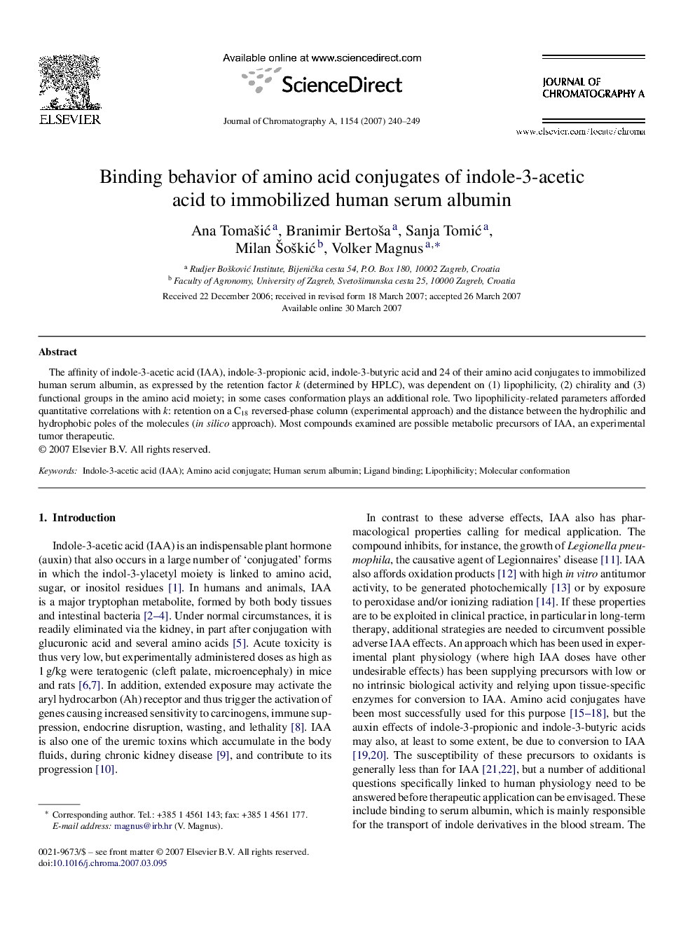 Binding behavior of amino acid conjugates of indole-3-acetic acid to immobilized human serum albumin