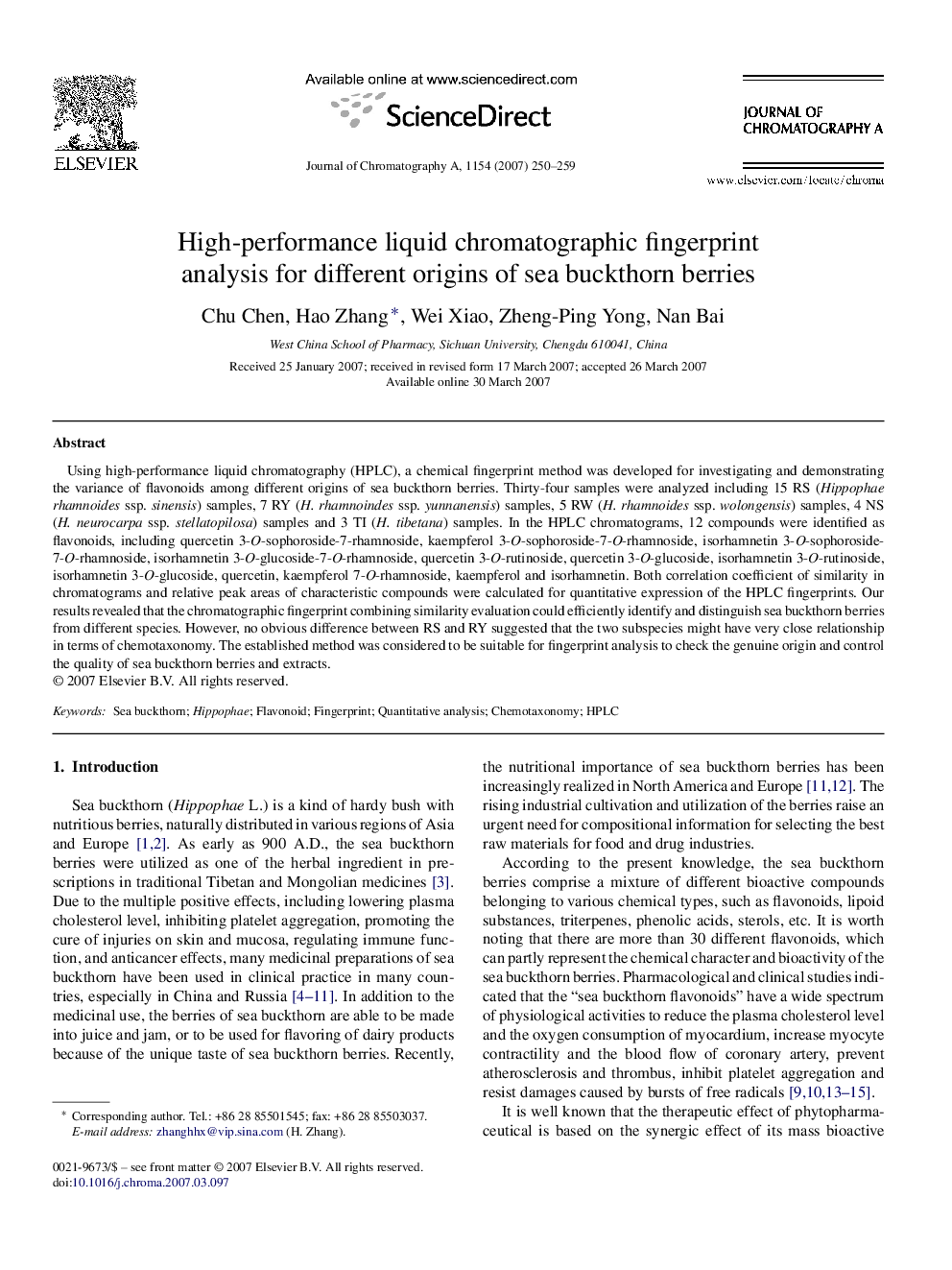 High-performance liquid chromatographic fingerprint analysis for different origins of sea buckthorn berries