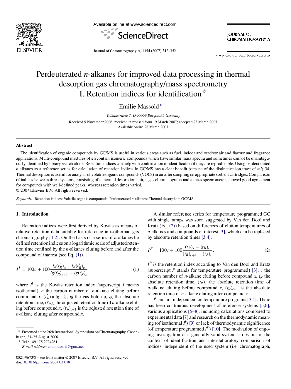 Perdeuterated n-alkanes for improved data processing in thermal desorption gas chromatography/mass spectrometry : I. Retention indices for identification