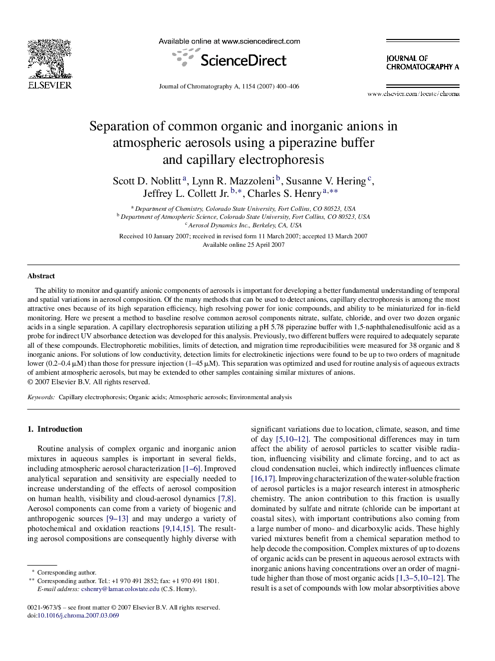 Separation of common organic and inorganic anions in atmospheric aerosols using a piperazine buffer and capillary electrophoresis