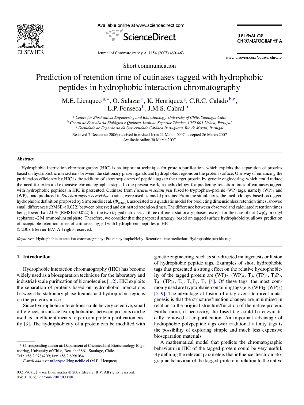 Prediction of retention time of cutinases tagged with hydrophobic peptides in hydrophobic interaction chromatography