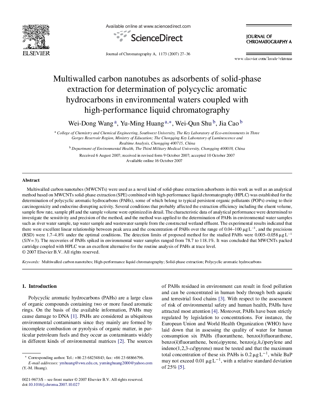 Multiwalled carbon nanotubes as adsorbents of solid-phase extraction for determination of polycyclic aromatic hydrocarbons in environmental waters coupled with high-performance liquid chromatography