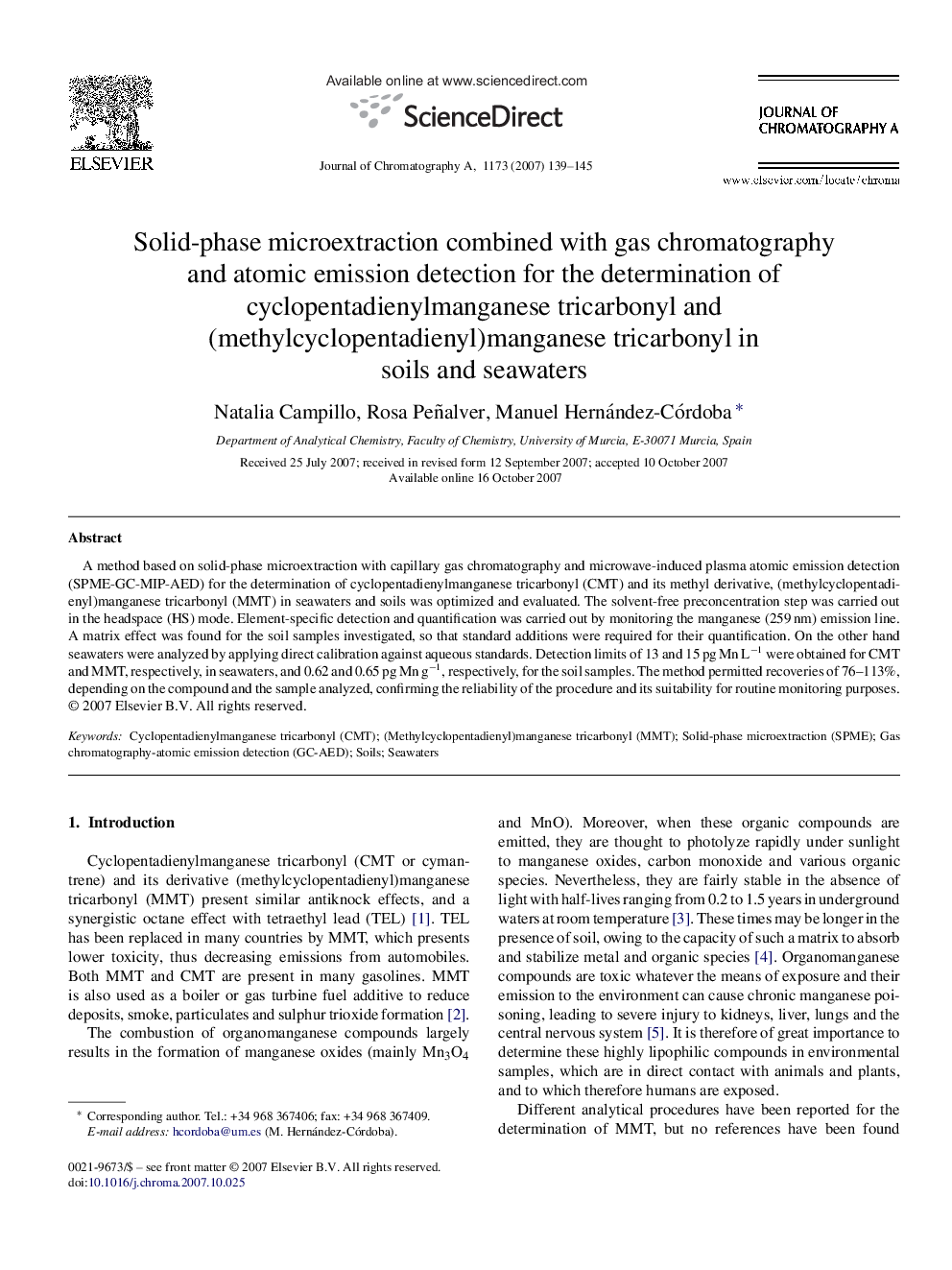 Solid-phase microextraction combined with gas chromatography and atomic emission detection for the determination of cyclopentadienylmanganese tricarbonyl and (methylcyclopentadienyl)manganese tricarbonyl in soils and seawaters