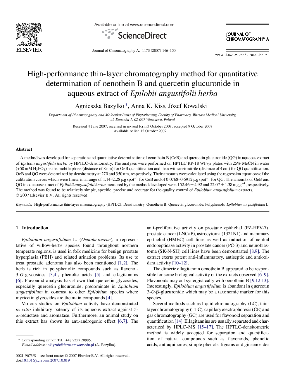 High-performance thin-layer chromatography method for quantitative determination of oenothein B and quercetin glucuronide in aqueous extract of Epilobii angustifolii herba