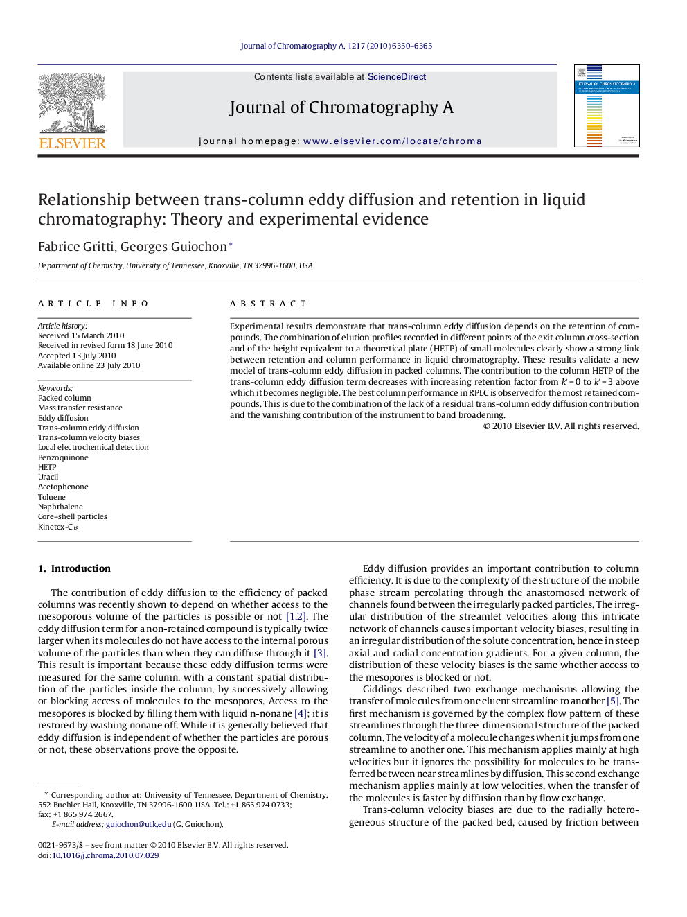 Relationship between trans-column eddy diffusion and retention in liquid chromatography: Theory and experimental evidence