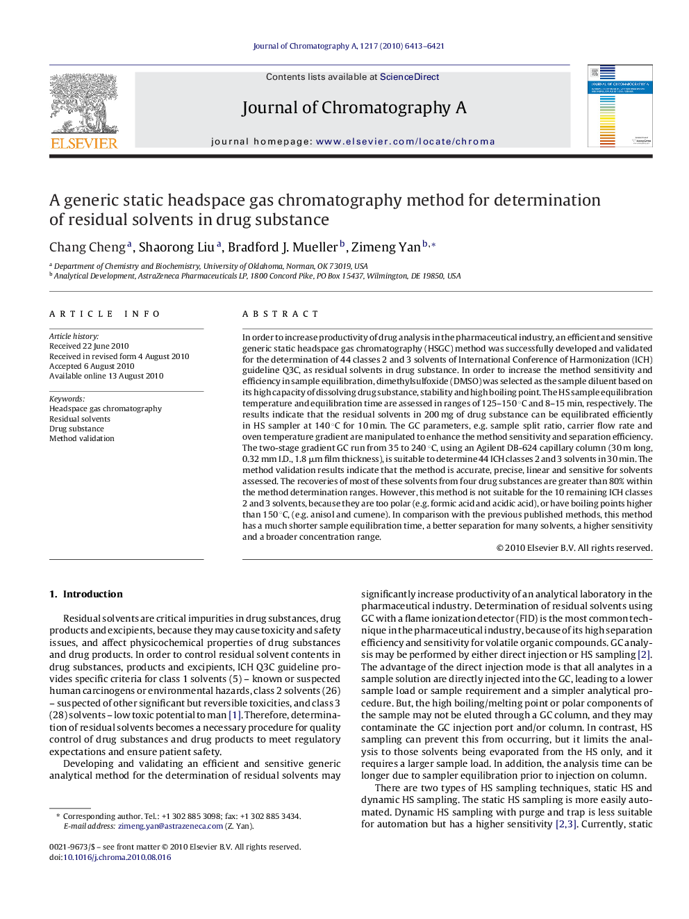 A generic static headspace gas chromatography method for determination of residual solvents in drug substance