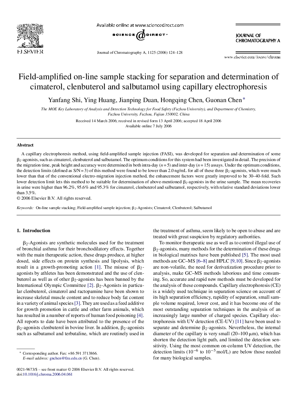 Field-amplified on-line sample stacking for separation and determination of cimaterol, clenbuterol and salbutamol using capillary electrophoresis