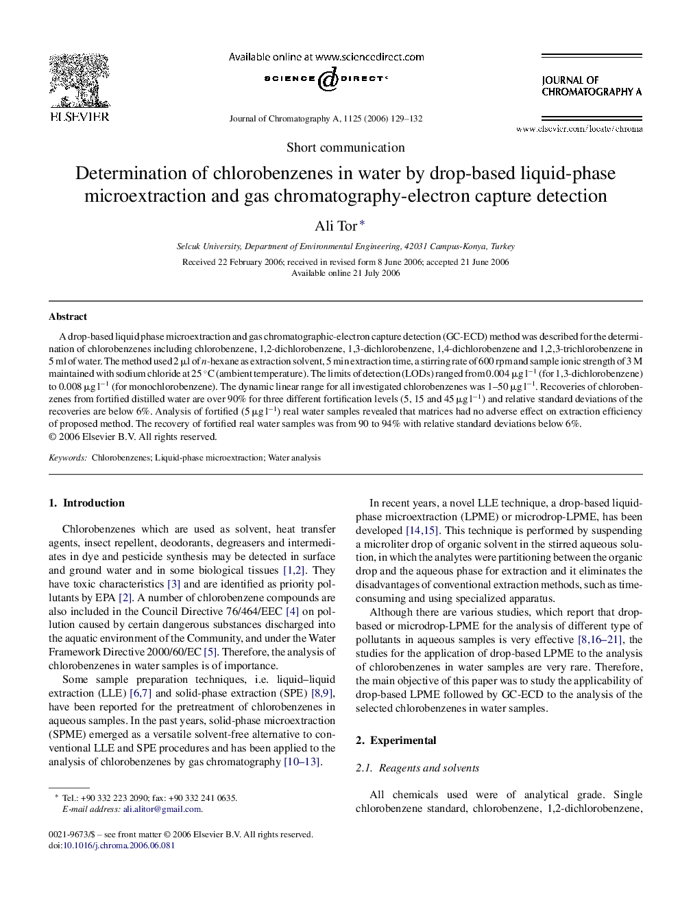 Determination of chlorobenzenes in water by drop-based liquid-phase microextraction and gas chromatography-electron capture detection