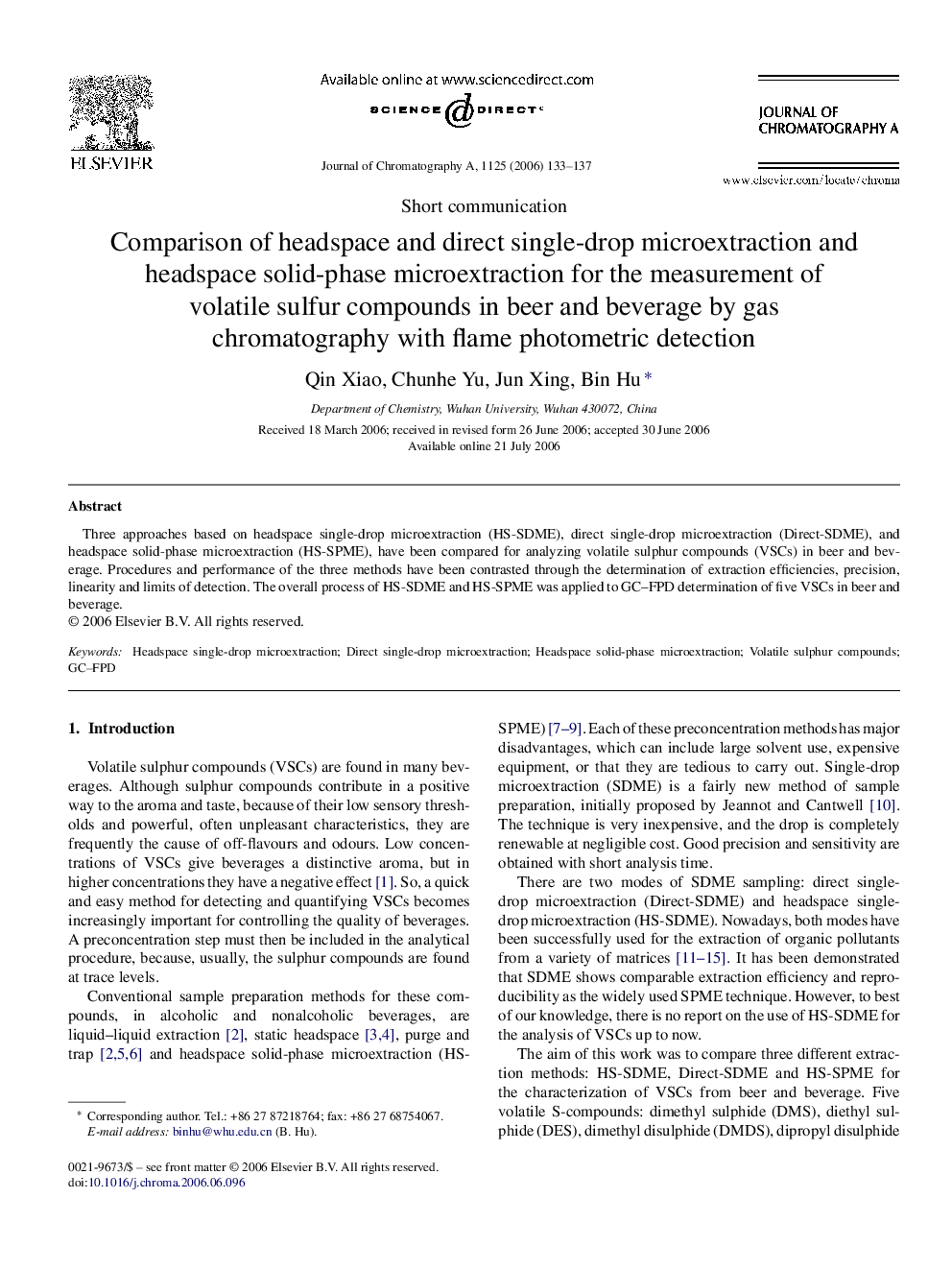 Comparison of headspace and direct single-drop microextraction and headspace solid-phase microextraction for the measurement of volatile sulfur compounds in beer and beverage by gas chromatography with flame photometric detection