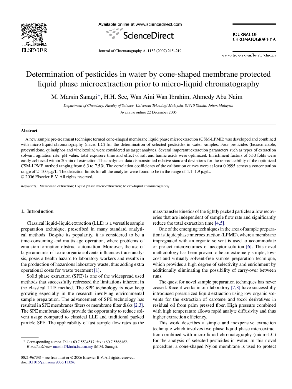 عکس صفحه اول مقاله: Determination of pesticides in water by cone-shaped membrane protected liquid phase microextraction prior to micro-liquid chromatography Determination of pesticides in water by cone-shaped membrane protected liquid phase microextraction prior to micro-liquid chromatography