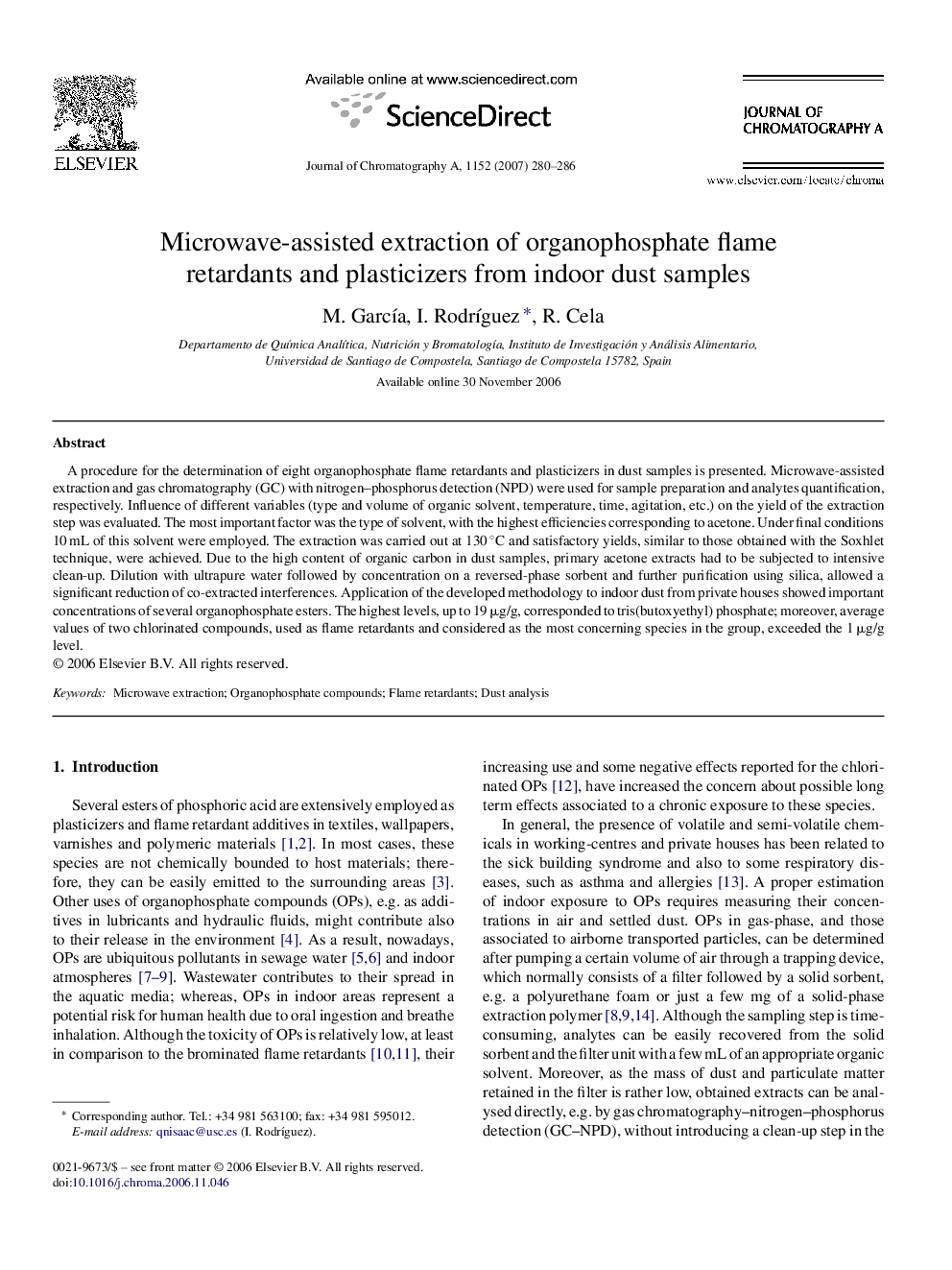 Microwave-assisted extraction of organophosphate flame retardants and plasticizers from indoor dust samples