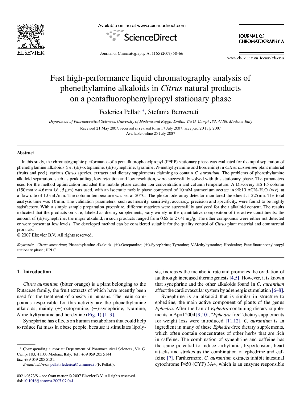 Fast high-performance liquid chromatography analysis of phenethylamine alkaloids in Citrus natural products on a pentafluorophenylpropyl stationary phase