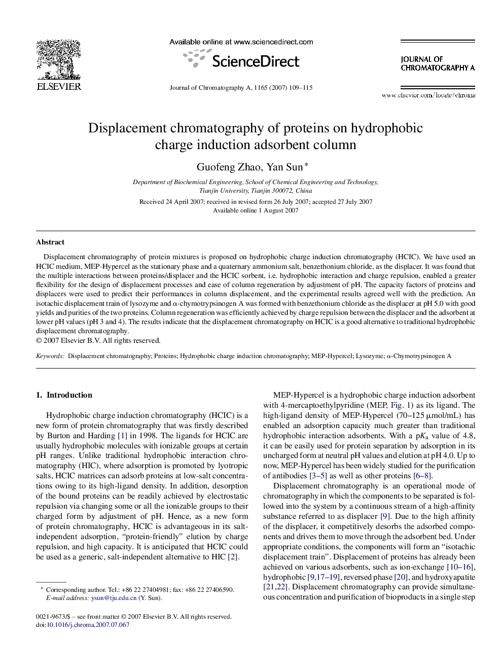 Displacement chromatography of proteins on hydrophobic charge induction adsorbent column