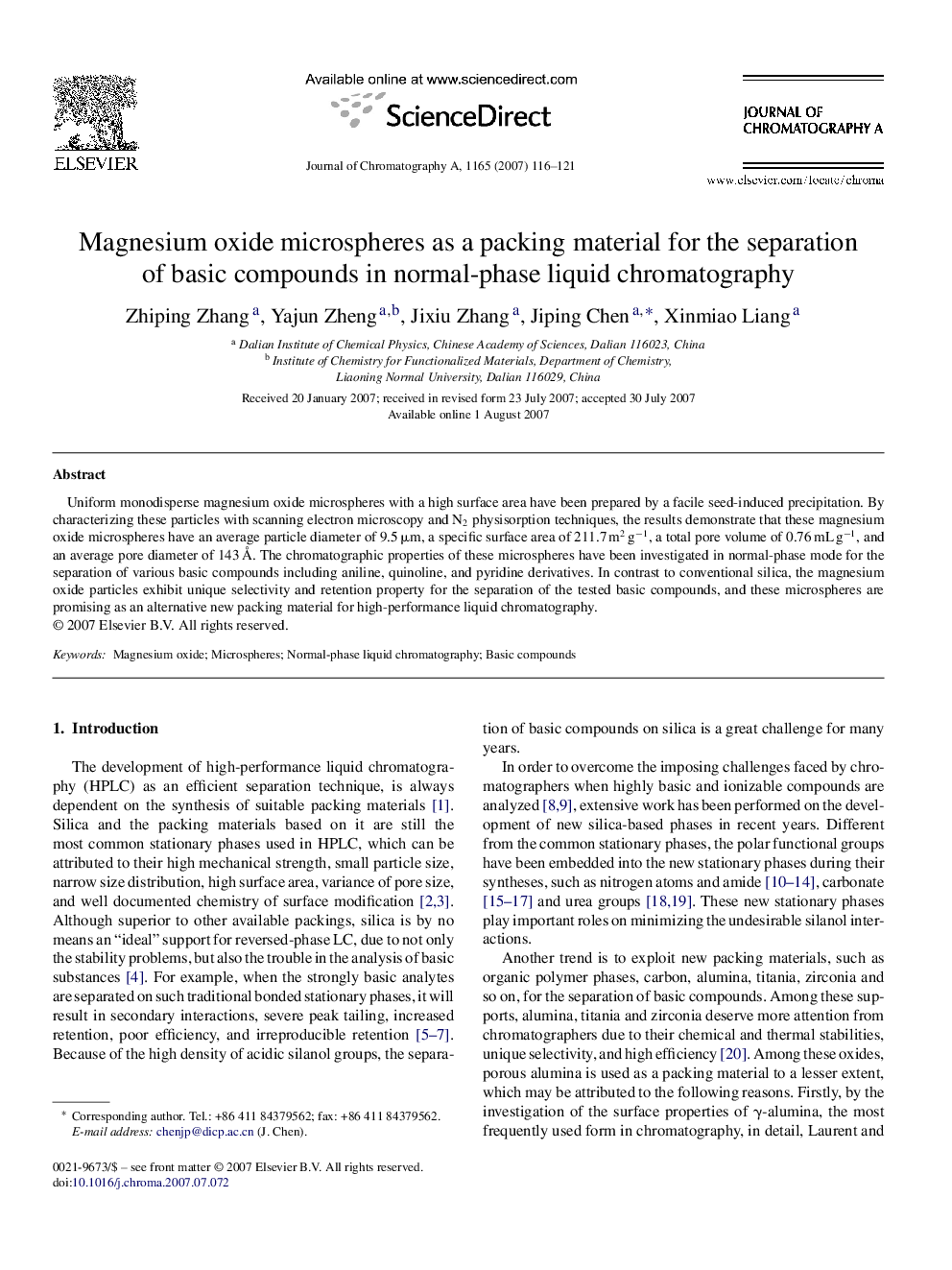 Magnesium oxide microspheres as a packing material for the separation of basic compounds in normal-phase liquid chromatography