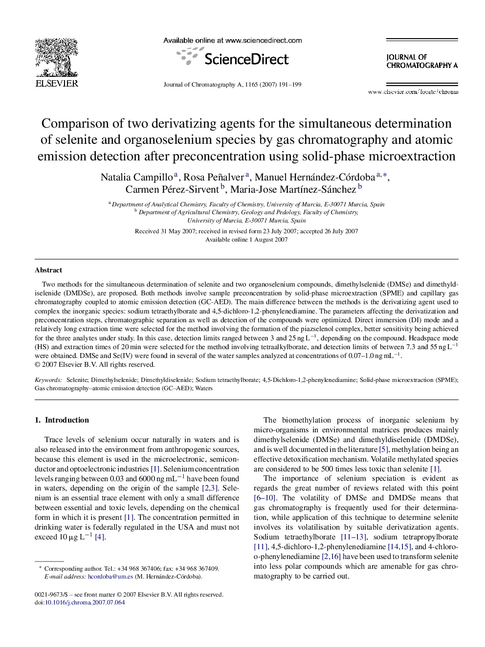 Comparison of two derivatizing agents for the simultaneous determination of selenite and organoselenium species by gas chromatography and atomic emission detection after preconcentration using solid-phase microextraction