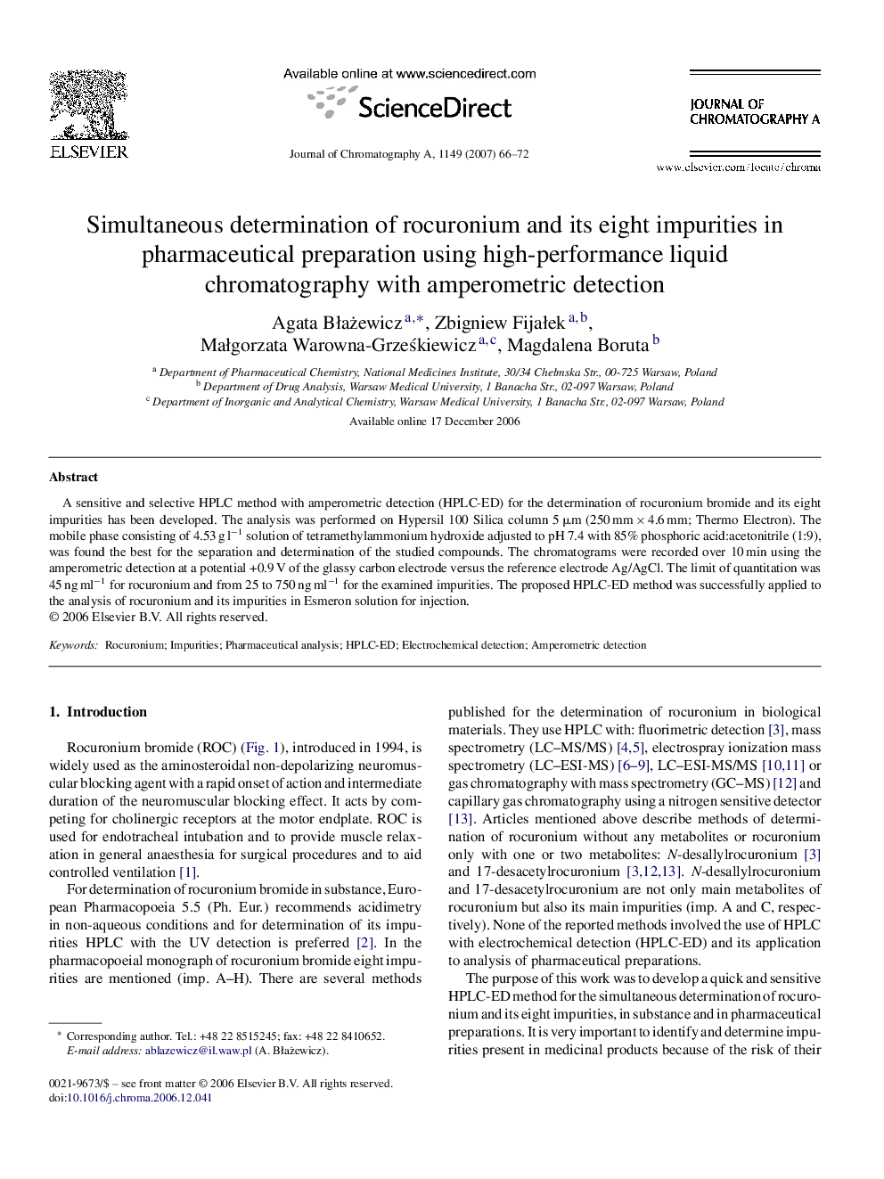 Simultaneous determination of rocuronium and its eight impurities in pharmaceutical preparation using high-performance liquid chromatography with amperometric detection