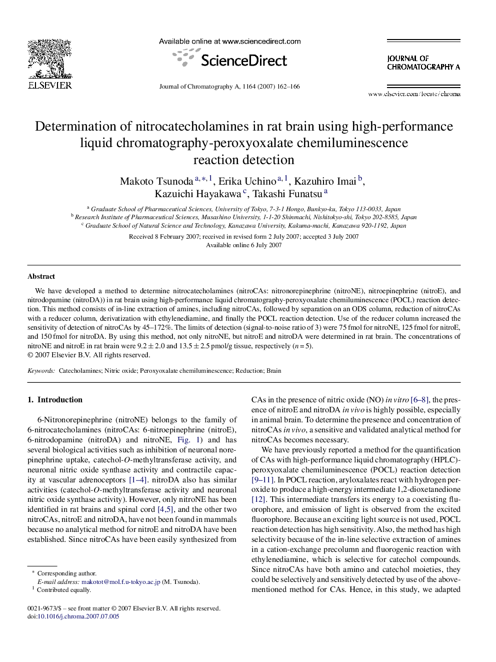 Determination of nitrocatecholamines in rat brain using high-performance liquid chromatography-peroxyoxalate chemiluminescence reaction detection