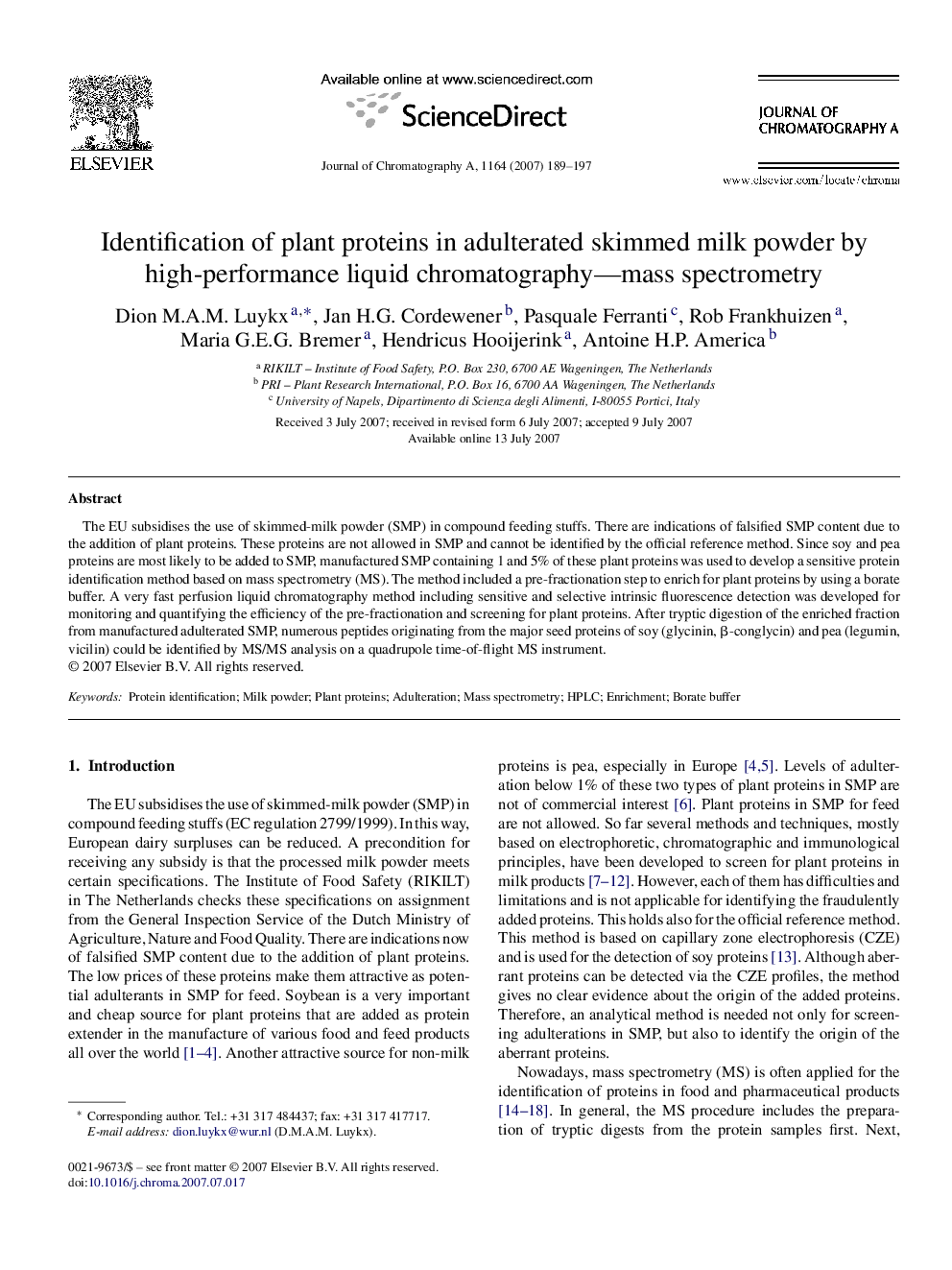 Identification of plant proteins in adulterated skimmed milk powder by high-performance liquid chromatography—mass spectrometry