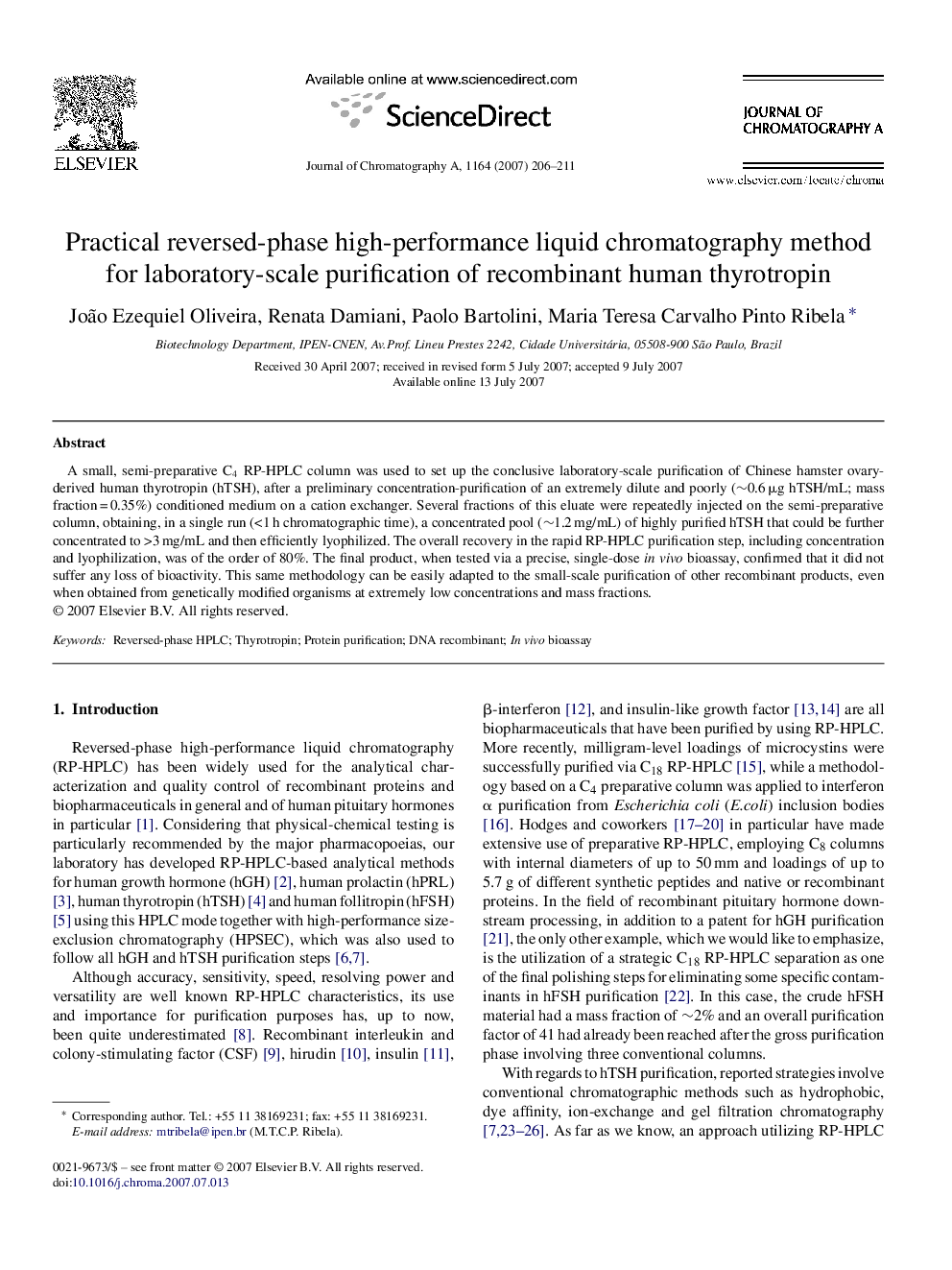 Practical reversed-phase high-performance liquid chromatography method for laboratory-scale purification of recombinant human thyrotropin