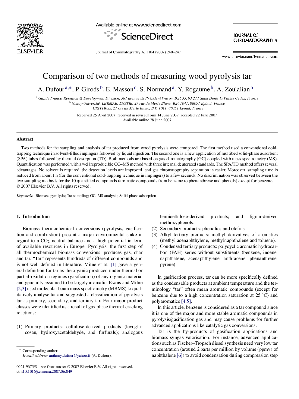 Comparison of two methods of measuring wood pyrolysis tar