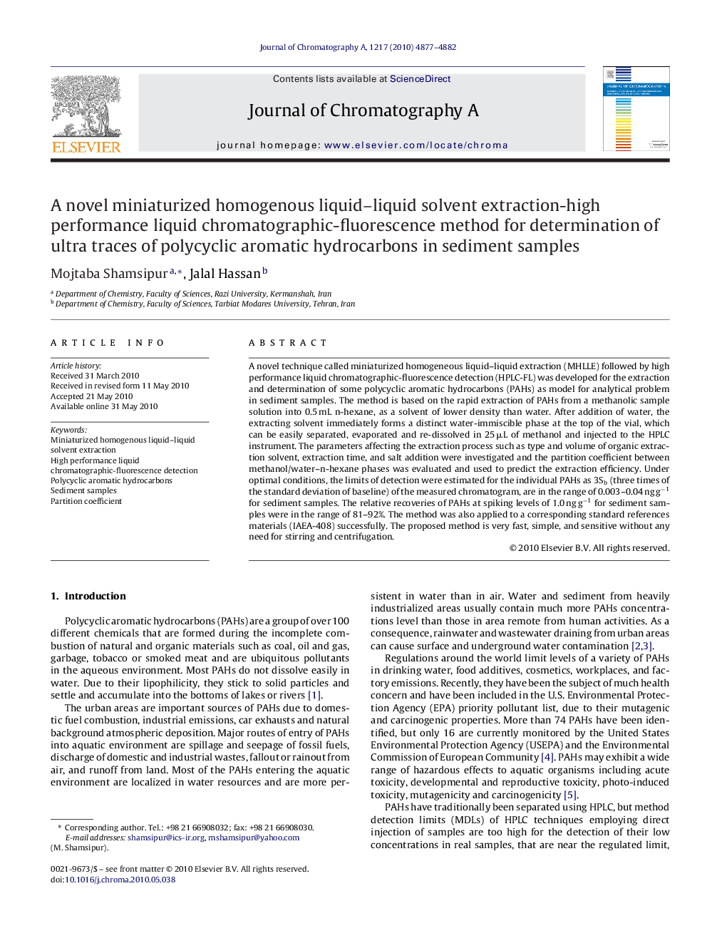 A novel miniaturized homogenous liquid–liquid solvent extraction-high performance liquid chromatographic-fluorescence method for determination of ultra traces of polycyclic aromatic hydrocarbons in sediment samples