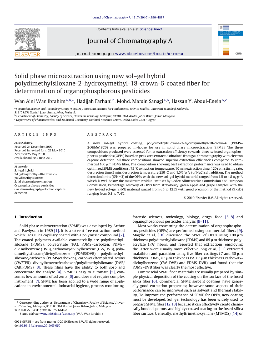 Solid phase microextraction using new sol–gel hybrid polydimethylsiloxane-2-hydroxymethyl-18-crown-6-coated fiber for determination of organophosphorous pesticides