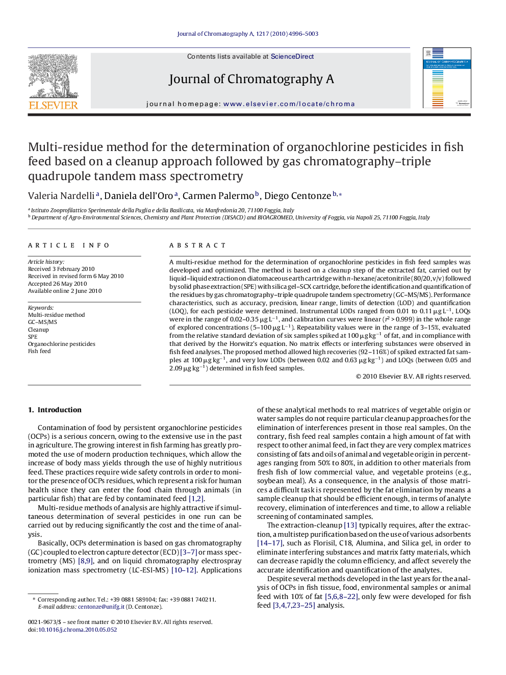 Multi-residue method for the determination of organochlorine pesticides in fish feed based on a cleanup approach followed by gas chromatography–triple quadrupole tandem mass spectrometry