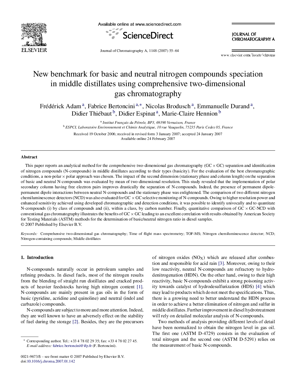 New benchmark for basic and neutral nitrogen compounds speciation in middle distillates using comprehensive two-dimensional gas chromatography