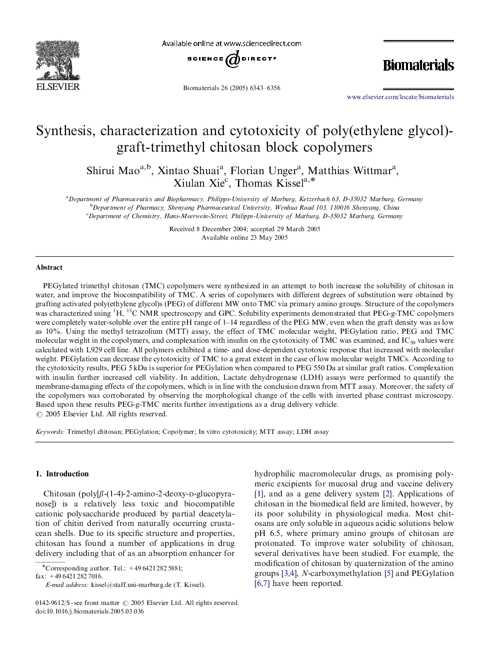 Synthesis, characterization and cytotoxicity of poly(ethylene glycol)-graft-trimethyl chitosan block copolymers