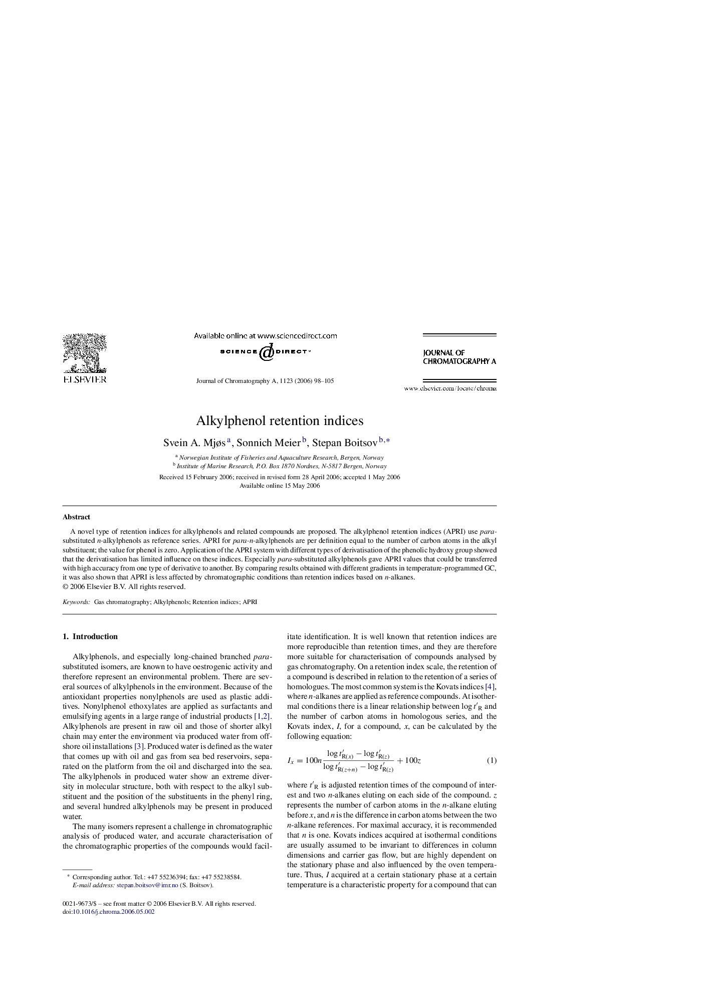 Alkylphenol retention indices