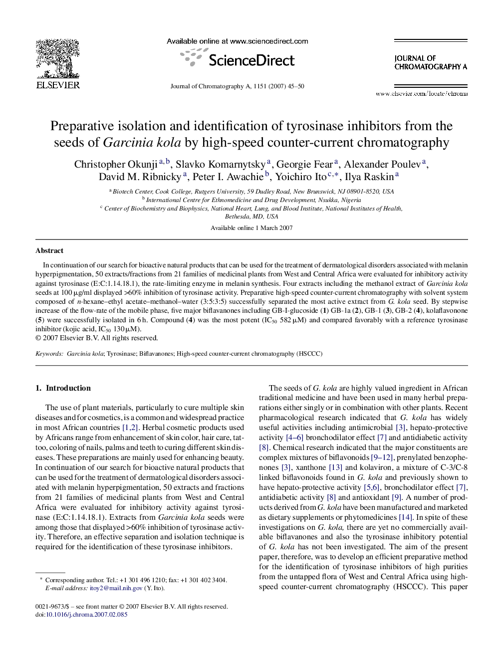 Preparative isolation and identification of tyrosinase inhibitors from the seeds of Garcinia kola by high-speed counter-current chromatography